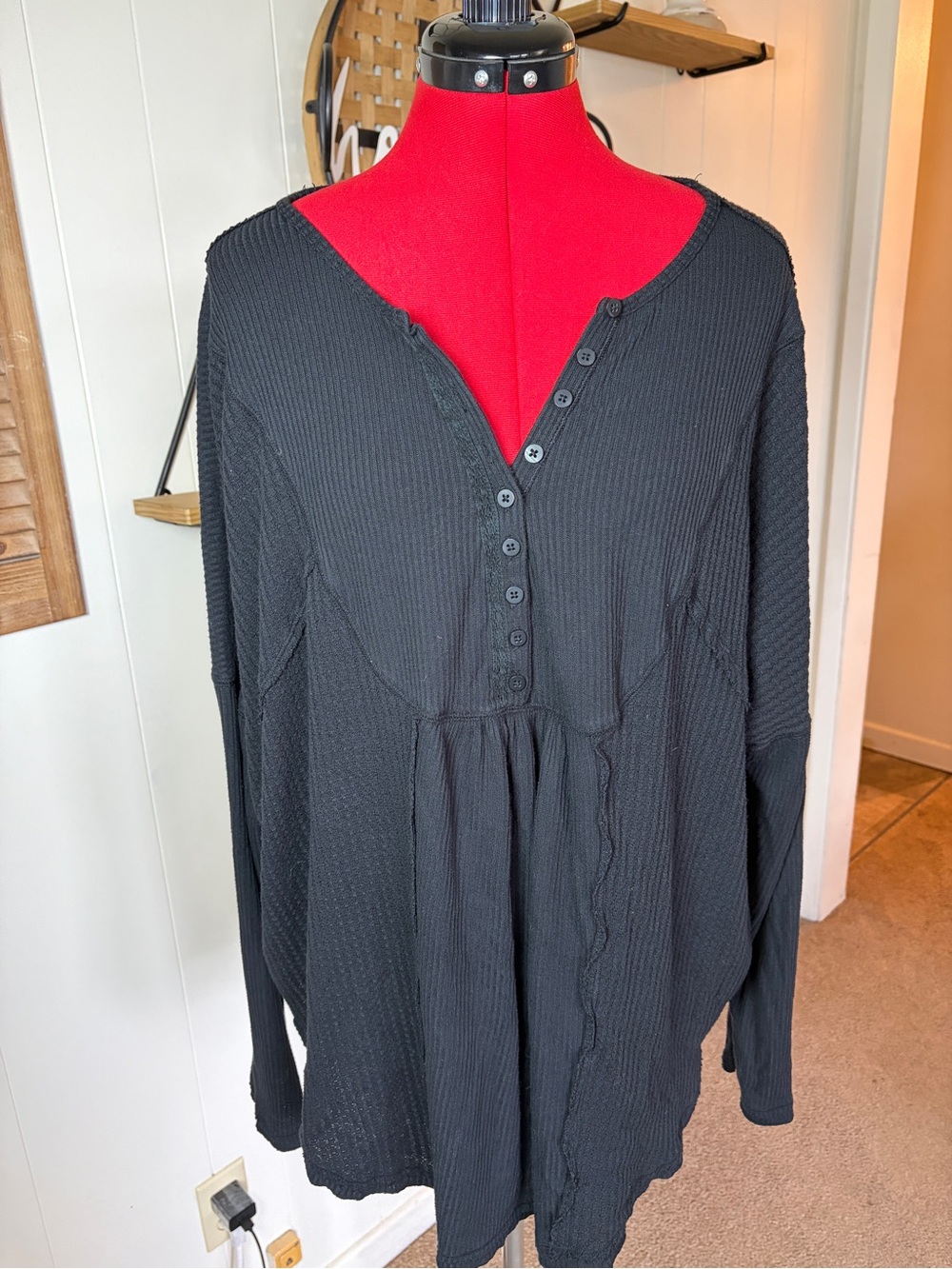 Free People Black Waffle-Knit Button Front Long Sleeve Top